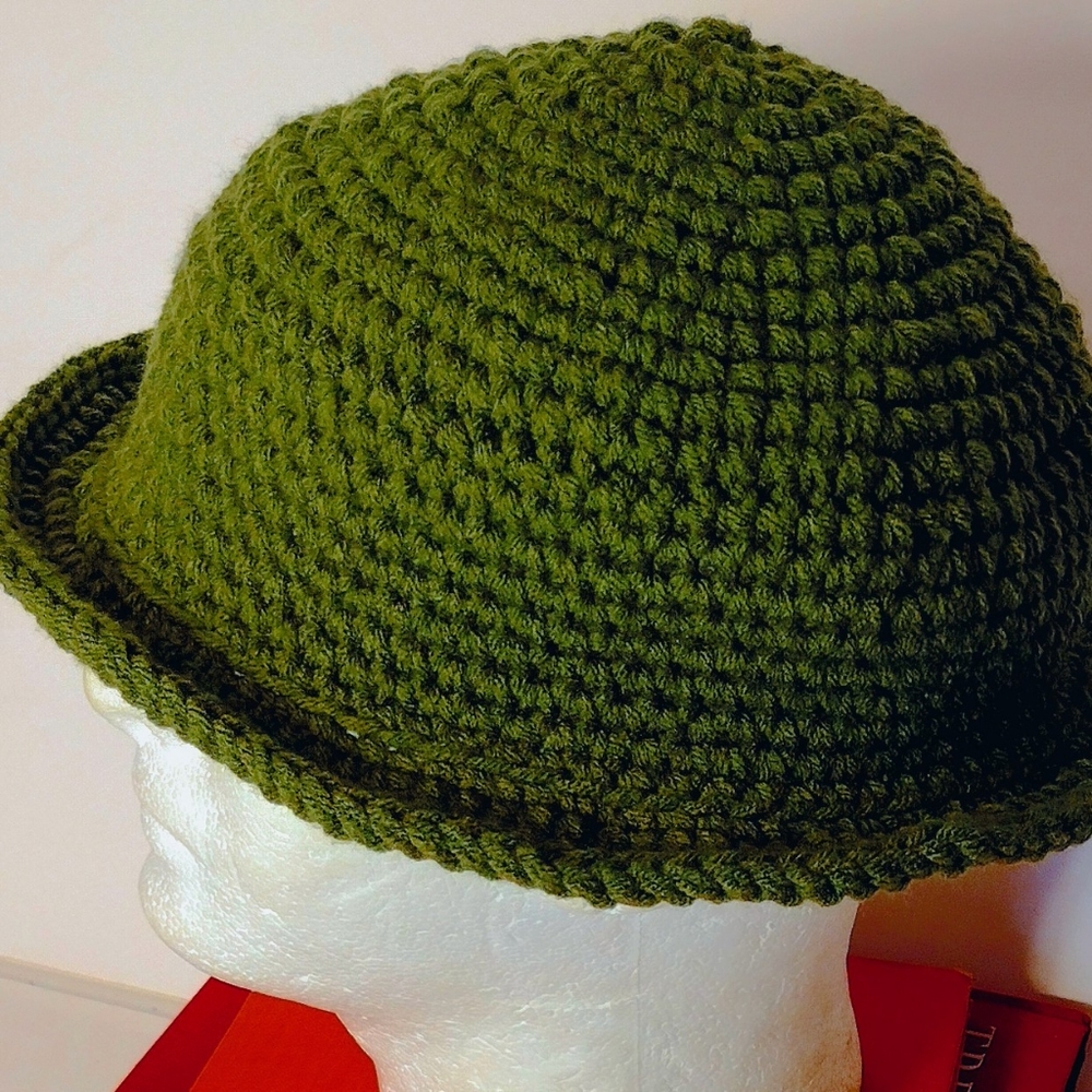 New Handmade Crocheted Non-wool Olive Green Derby Hat XL - Picture 4 of 9